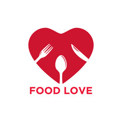 Food love logo with spoon,knife,fork symbol negative space in Heart