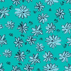 Seamless pattern with hand drawn meadow flowers in Ditzy style. Outlined illustrations on turquoise background for surface design and other design projects