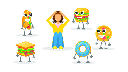 Abstract Flat Woman Skinny Girl Holding His Head Surrounded By Fast Food Cartoon People Character Concept Illustration Vector Design Style Lack Of Weight Anorexia
