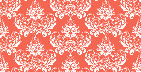 Floral pattern. Vintage wallpaper in the Baroque style. Seamless vector background. White and pink ornament for fabric, wallpaper, packaging. Ornate Damask flower ornament