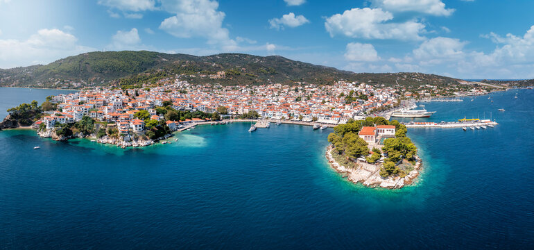 Panoramic view of the town of Skiathos island, Sporades, Greece, with Bourtzi peninsula and and the old port