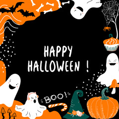Happy Halloween background. Lettering. Pumpkins, bats, spiders, cute ghosts, mushrooms  and bones. Doodle border. Vector frame