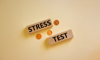 Stress test symbol. Concept words 'stress test' on wooden blocks on a beautiful white background, metallic coins. Business and stress test concept, copy space.