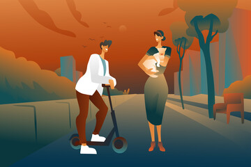 Meeting on the street of characters, a man on an electric scooter and a woman with a dog are having a conversation against the background of an abstract street. The concept of relationships.