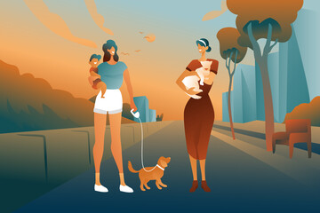 A meeting of characters on the street, a mother with a child in her arms with a dog and a woman with a pet are having a conversation against the background of an abstract street.