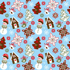 Illustration a gingerbread house, christmas cookies, snowflake, snowman, christmas tree on blue background. Christmas seamless pattern for fabric, wallpaper, apparel. Vector.