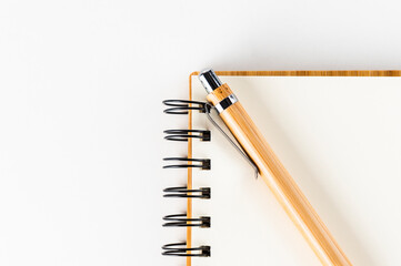 detail notebook with blank sheets with bamboo cover and matching pen