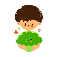 Cute funny boy hold broccoli in hand. Little boy hugs cute broccoli. Isolated on white background