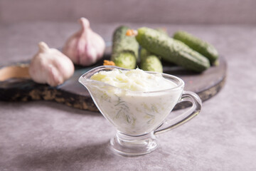Zajiki-Dip sauce made from fresh cucumbers, yogurt and garlic. A traditional dish of Greek cuisine.