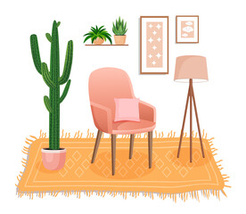 Cute interior with modern furniture and plants. Design of a cozy living room with soft chair, pillow, houseplants, carpet and lamp. Vector flat style illustration.