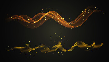 Bright glowing wave stream with golden glitter Set of wavy golden elements.