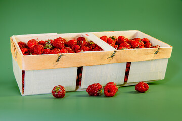 Ripe raspberries on an organic green background