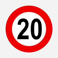20 kilometers or miles per hour max speed limit red sign - Twenty speed limit traffic sign editable vector illustration