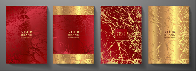 Modern red and gold cover, frame design set. Creative premium abstract with marble texture (crack) background. Luxury vector collection for invitation, brochure template, layout a4, luxe booklet