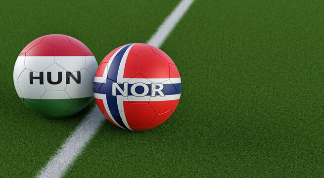 Hungary vs. Norway Soccer Match - Leather balls in Hungary and Norway national colors. 3D Rendering
