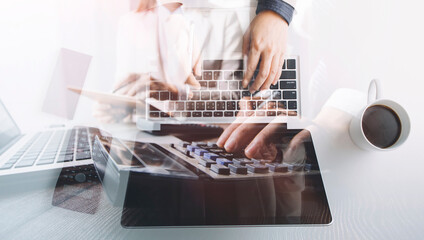 Healthcare costs and fees concept.Hand of smart doctor used a calculator for medical costs in...