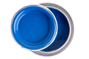 Opened can of paint isolated on white background top view