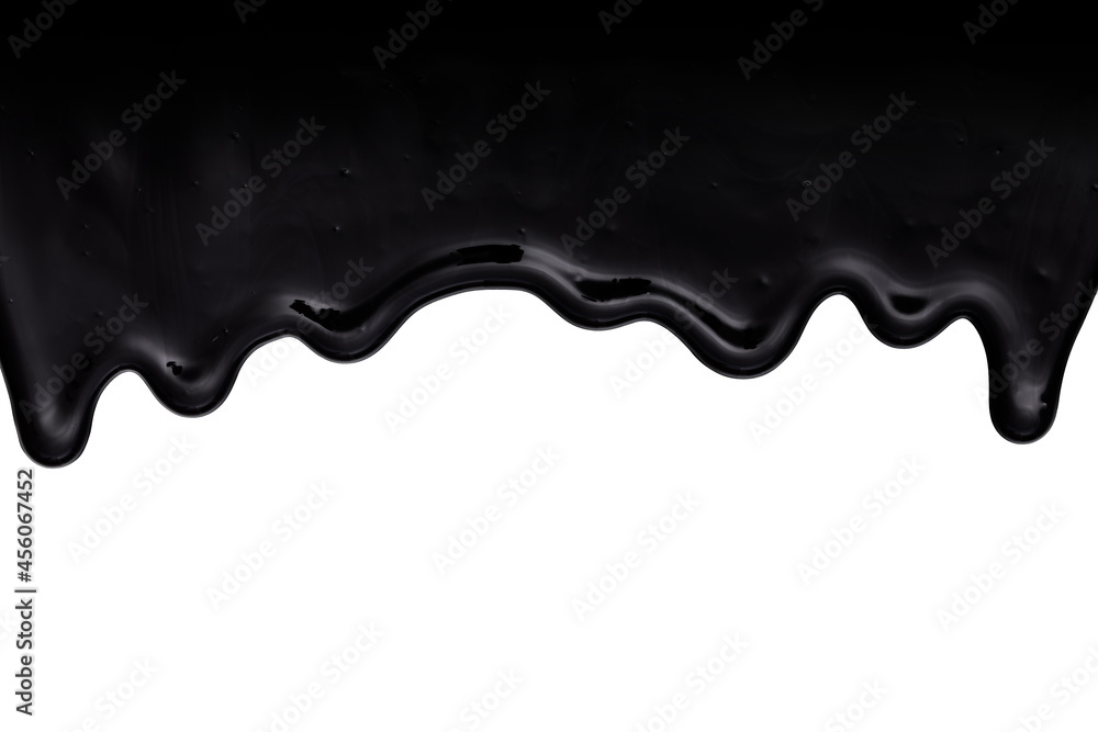 Wall mural black oil-like, tar-like or resin-like liquid dripping down. isolated on white background