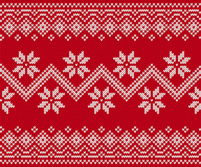 Knit print. Christmas seamless pattern. Red knitted sweater background. Xmas winter geometric texture. Holiday fair isle traditional ornament. Wool pullover. Festive crochet. Vector illustration.