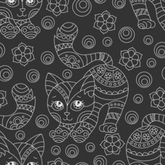Seamless pattern with a light contour cats and flowers in stained glass style on a dark  background