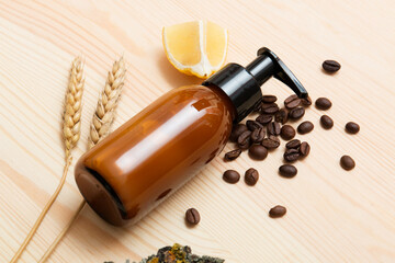 Natural cosmetic products on a light wooden. Cosmetic bottle mockup.