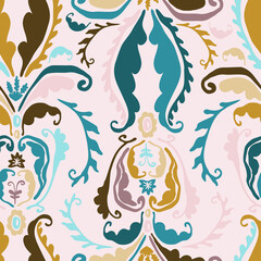 Vector seamless colorful design pattern botanical cute spring herbs and flowers in Boho colors