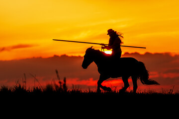 on the horizon is the silhouette of a woman on horseback with a spear in the opposite light