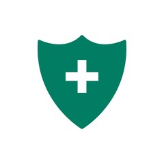 Plus or cross on the shield color icon, a symbol of medicine, immunity and protection of the pc from viruses. Clinic. Farmacy. Hospital. Medicine. Guard. Isolated illustration on white. Vector EPS 10