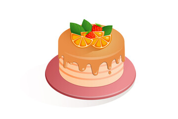 Cake with orange of orange color. flat illustration of cake with oranges