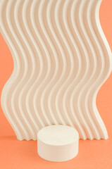 Round podium for product presentation and natural stone cosmetics. Empty display stand for packaging. Beauty cosmetic showcase