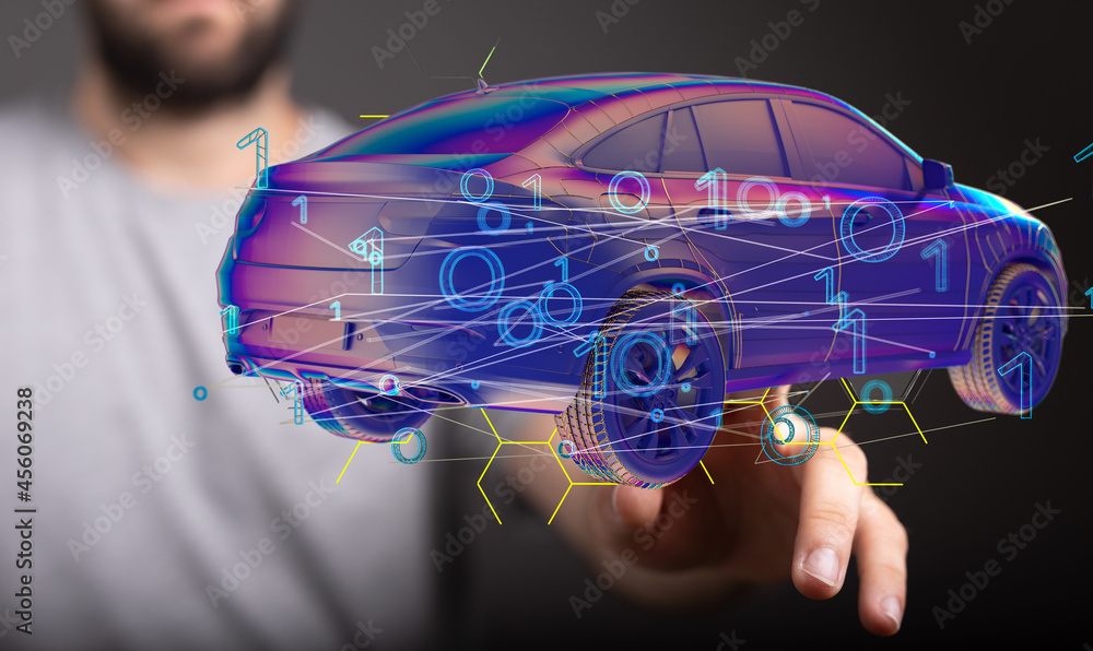 Poster electric car icon from lines, triangles and particle style
