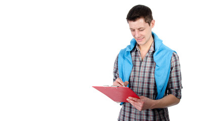 Funny handsome man with laptop. White background.