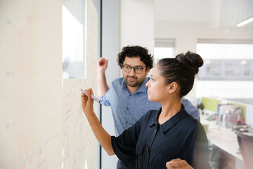 Business people discussing diagram sketches hanging on office window