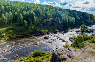 Fast river with rocky banks, overgrown with trees in summer