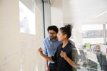 Business people discussing diagram sketches hanging on office window