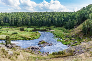 Fast river with rocky banks, overgrown with trees in summer