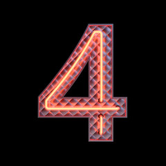 Number 4, Alphabet. Neon retro 3d number isolated on a black background with Clipping Path. 3d illustration.