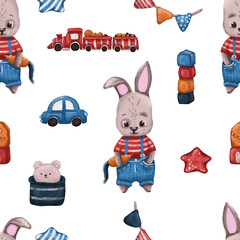 Seamless pattern of cute rabbit with carrot, car, toy, star, train and etc. Cartoon illustration perfect for your own design. Can use in textile, wrapping paper, fabric, party, print and etc.