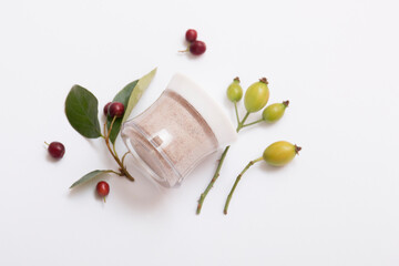 Natural cosmetic products on a light background. Cosmetic jar mockup.