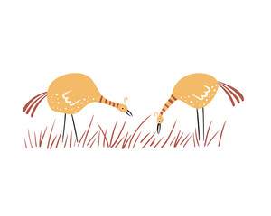 Two abstract birds in the meadow. Cute chickens are looking for food in the grass. Illustration for children. Vector flat illustration.