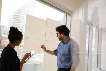 Businessman and businesswoman discussing diagram sketches hanging on conference room window