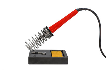 Soldering iron stand with red electric solder isolated on a white background