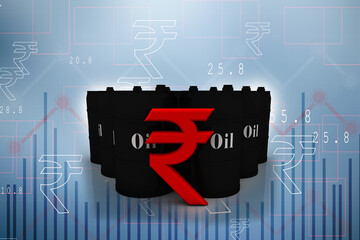 

3d illustration Oil price, Oil Industry concept with Barrel and indian ruppe.