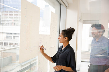 Business people discussing diagram sketches hanging on office window