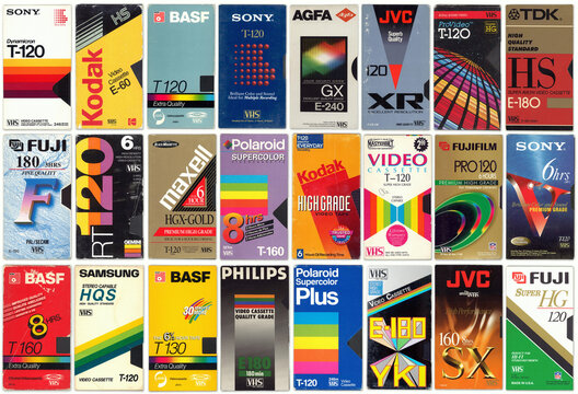Collection of old vintage VHS video cassettes, colorful retro cover background on October 18, 2020 in Vilnius, Lithuania