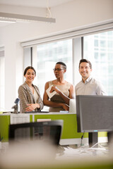 Smiling business people posing in open plan office