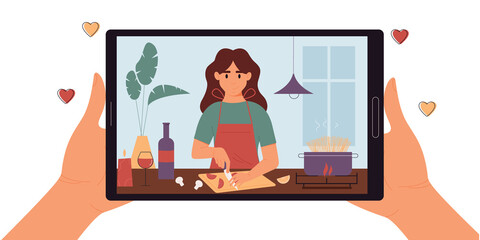 Fototapeta na wymiar Hands holding digital tablet with girl blogger on screen.Culinary video broadcast, channel, live broadcast.Food blogging.Flat cartoon style. Vector illustration on white background. Eps 10