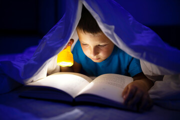 A young boy reading a book under the covers with a flashlight at dark night time