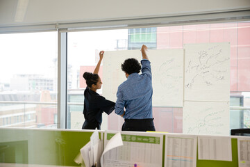Fototapeta premium Business people discussing diagram sketches hanging on office window