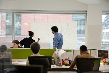 Fototapeta premium Business people discussing diagram sketches hanging on office window